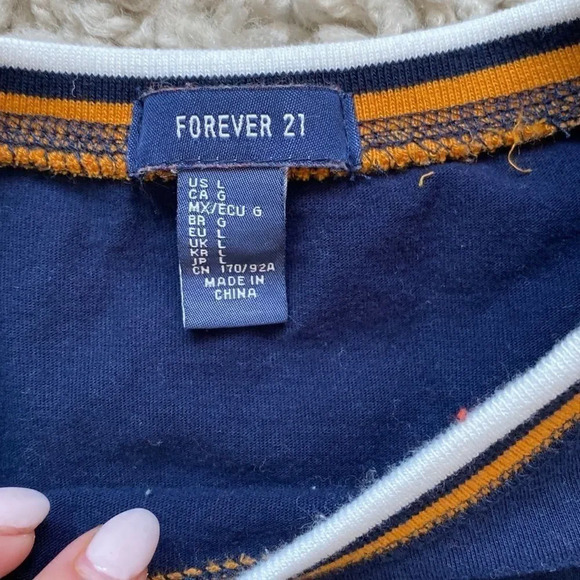 Forever 21 Women's Cropped Navy White Mustard Stripe Short Sleeve Tee - Picture 3 of 4